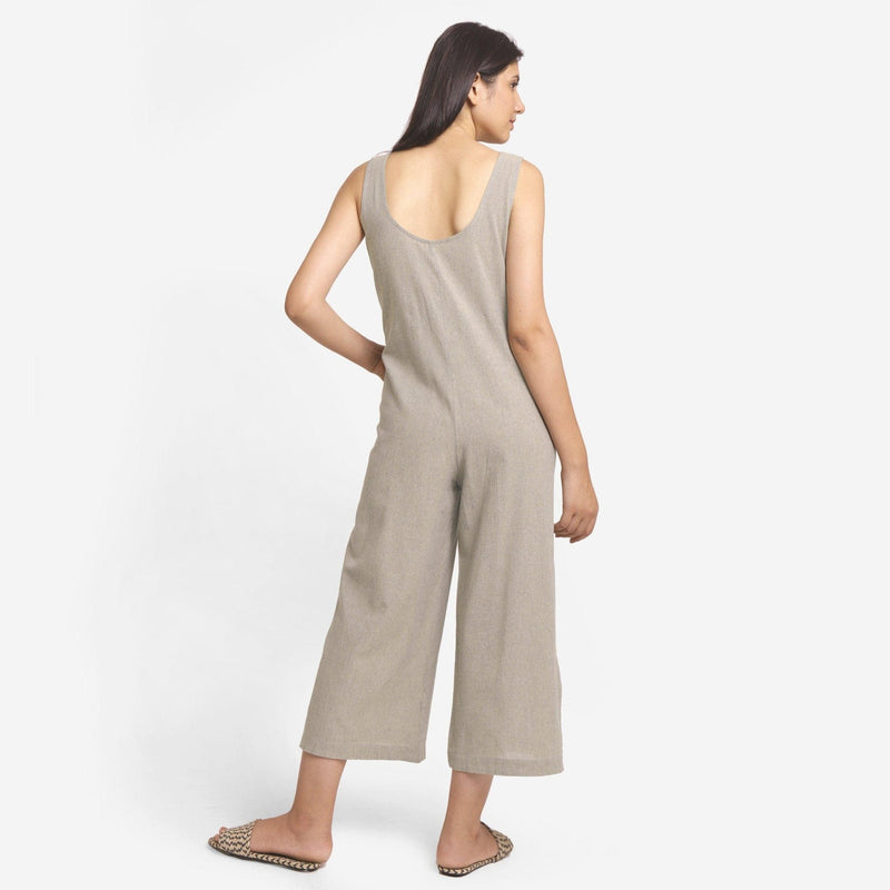 Back View of a Model wearing Basic Beige Wide-Legged Jumpsuit