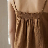 Beige 100% Cotton Spaghetti Strap Top with Elastic Gathered Back