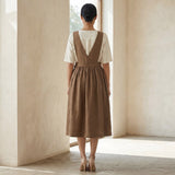 Beige 100% Cotton V-Neck Pinafore Midi Wrap Dress