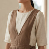 Beige 100% Cotton V-Neck Pinafore Midi Wrap Dress