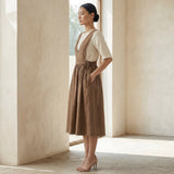 Beige 100% Cotton V-Neck Pinafore Midi Wrap Dress