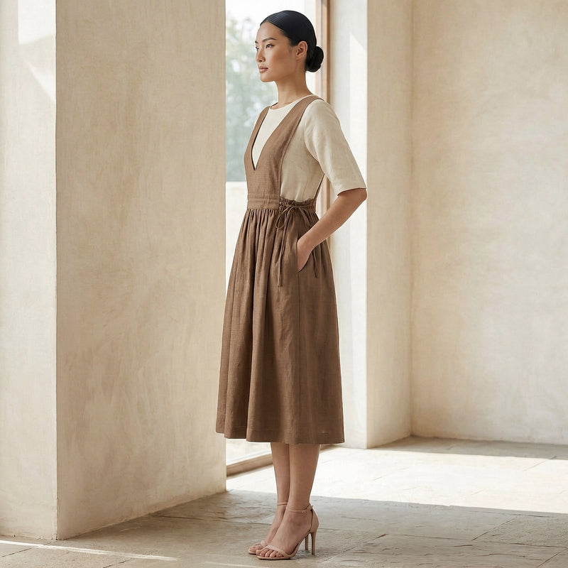 Beige 100% Cotton V-Neck Pinafore Midi Wrap Dress 68
