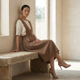 Beige 100% Cotton V-Neck Pinafore Midi Wrap Dress