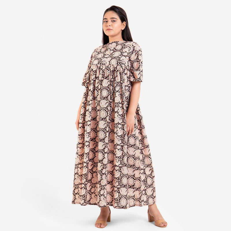 Front View of a Model wearing Beige Bagru Printed Floral Flared Dress