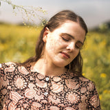 Front View of a Model wearing Beige Bagru Printed Floral Flared Dress