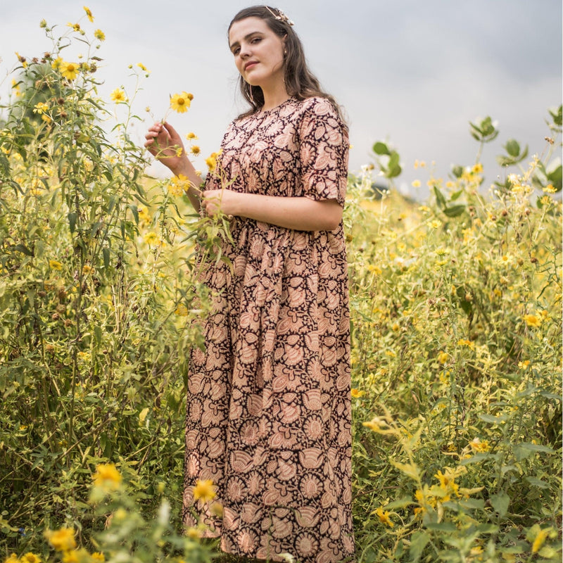 Front View of a Model wearing Beige Bagru Printed Floral Flared Dress