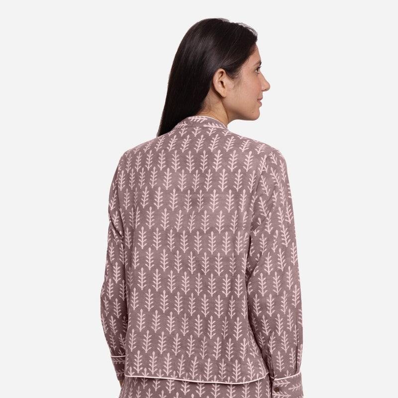 Back View of a Model wearing Beige Dabu Print 100% Cotton Button-Down Shirt