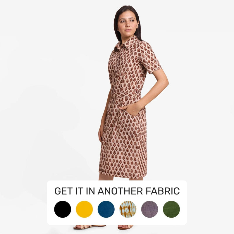 Beige Block Printed Cotton Midi Shift Dress Beige Block Printed Cotton Midi Shift Dress