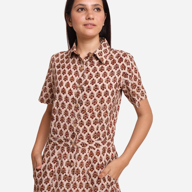 Front Detail of a Model wearing Beige Block Printed Cotton Shirt Dress