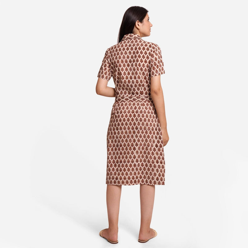 Back View of a Model wearing Beige Block Printed Cotton Shirt Dress