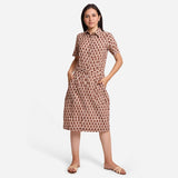 Front View of a Model wearing Beige Block Printed Cotton Shirt Dress