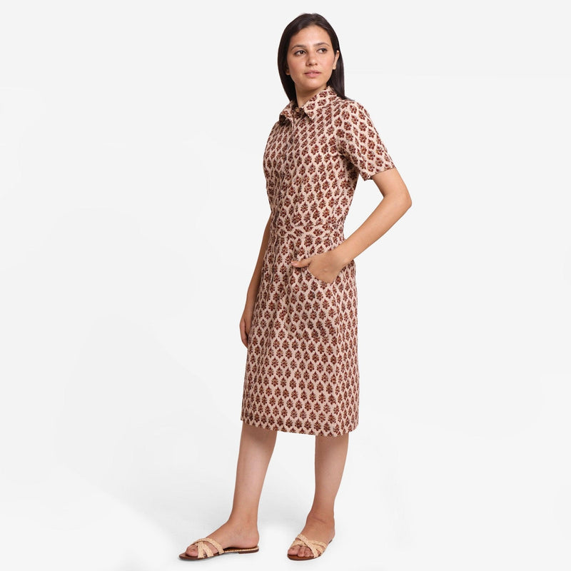 Left View of a Model wearing Beige Block Printed Cotton Shirt Dress