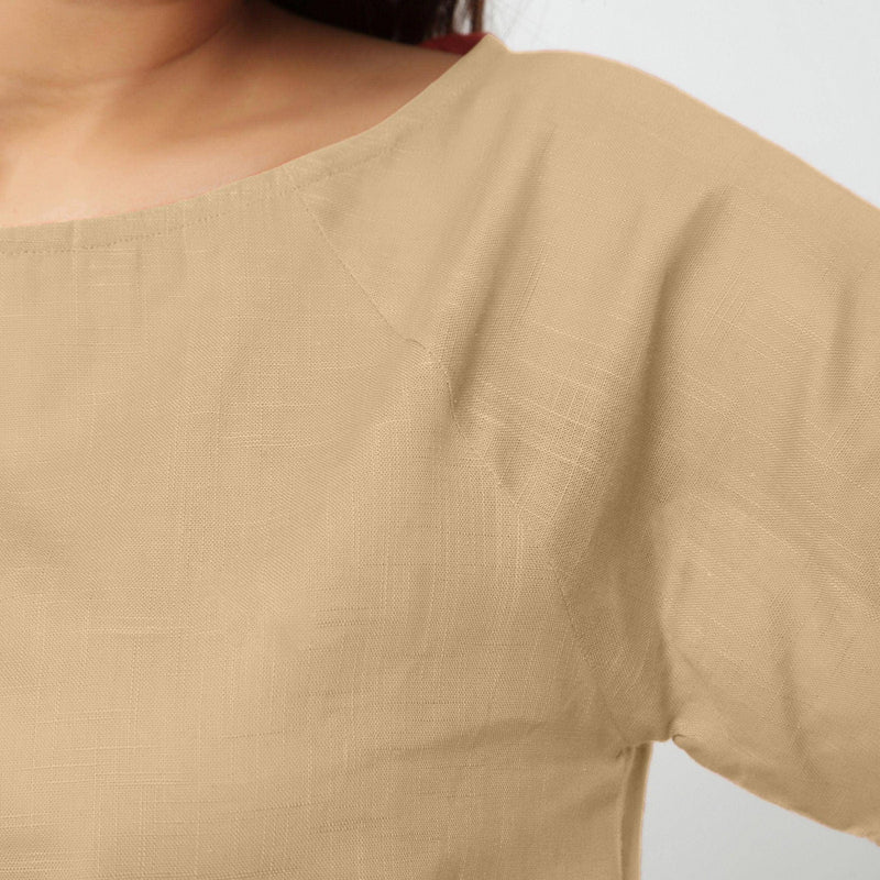 Beige Boat Neck Half Sleeve 100% Cotton Top