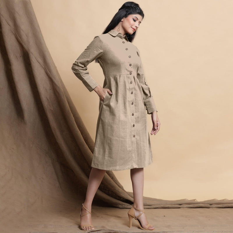 Beige Button Down Cotton Flax Knee Length Formal Dress 38" / Custom Height (Free) Beige Button Down Cotton Flax Knee Length Formal Dress 38" / Custom Height (Free)