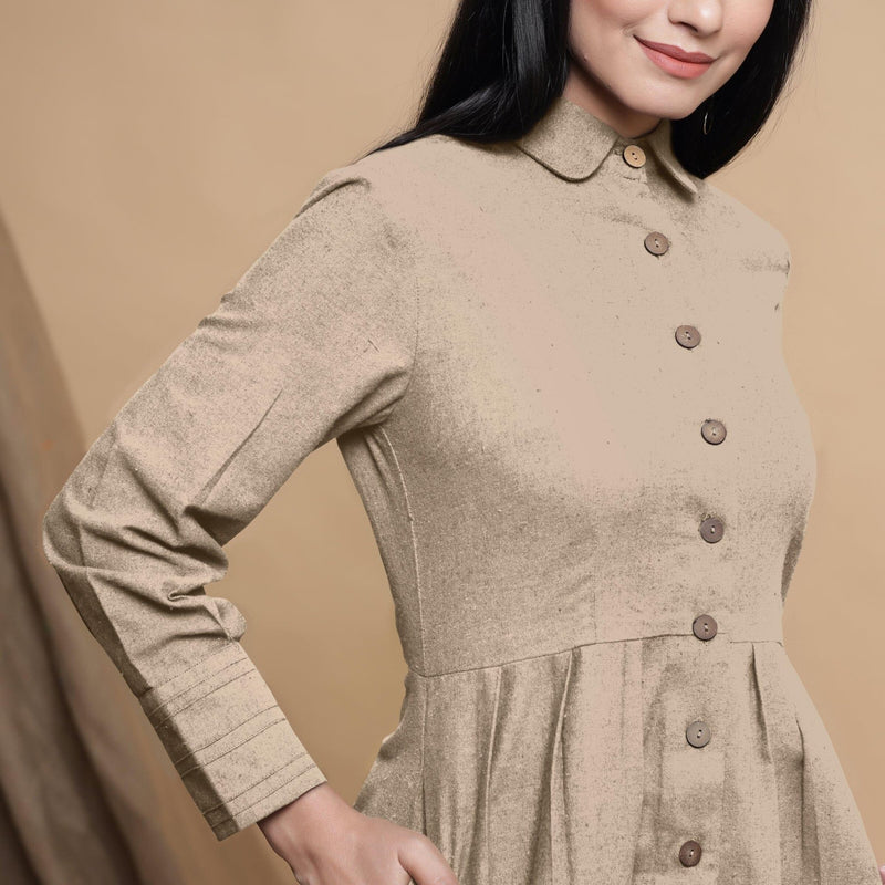 Beige Button Down Cotton Flax Knee Length Formal Dress 38" / Tall (5'7" and above) Beige Button Down Cotton Flax Knee Length Formal Dress 38" / Tall (5'7" and above)