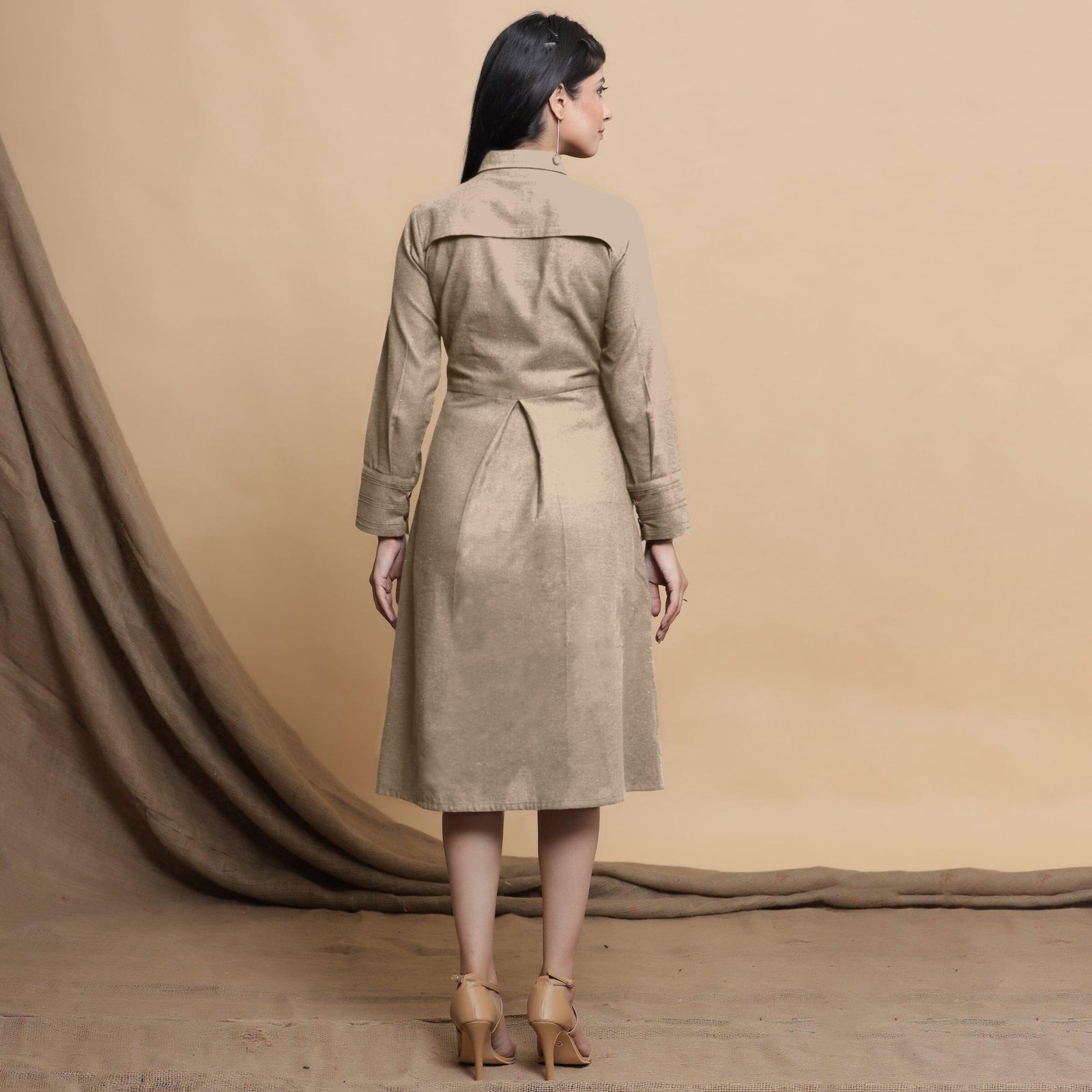Beige Button Down Cotton Flax Knee Length Formal Dress 38" / Custom Height (Free) Beige Button Down Cotton Flax Knee Length Formal Dress 38" / Custom Height (Free)