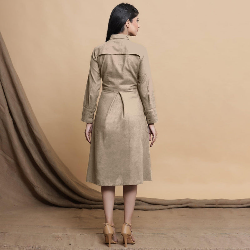 Beige Button Down Cotton Flax Knee Length Formal Dress 38" / Custom Height (Free) Beige Button Down Cotton Flax Knee Length Formal Dress 38" / Custom Height (Free)