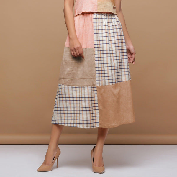 Beige Checkered 100% Cotton A-Line Elasticated Midi Skirt