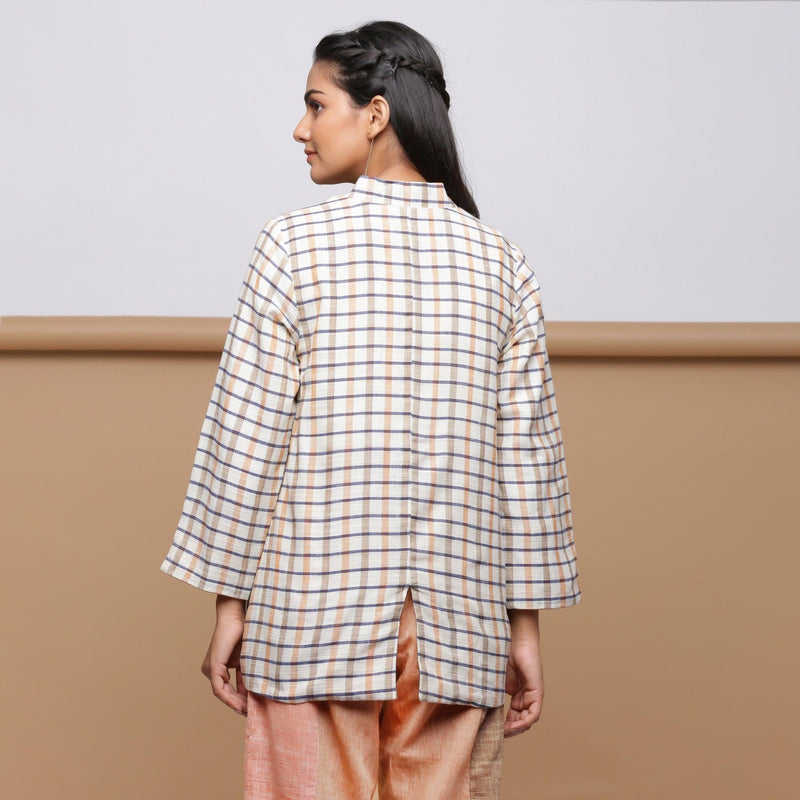 Beige Checkered Cotton Double-Breasted Short Outerwear