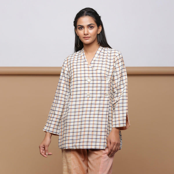 Beige Checkered Cotton Double-Breasted Short Outerwear