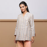 Beige Checkered Cotton Double-Breasted Short Outerwear