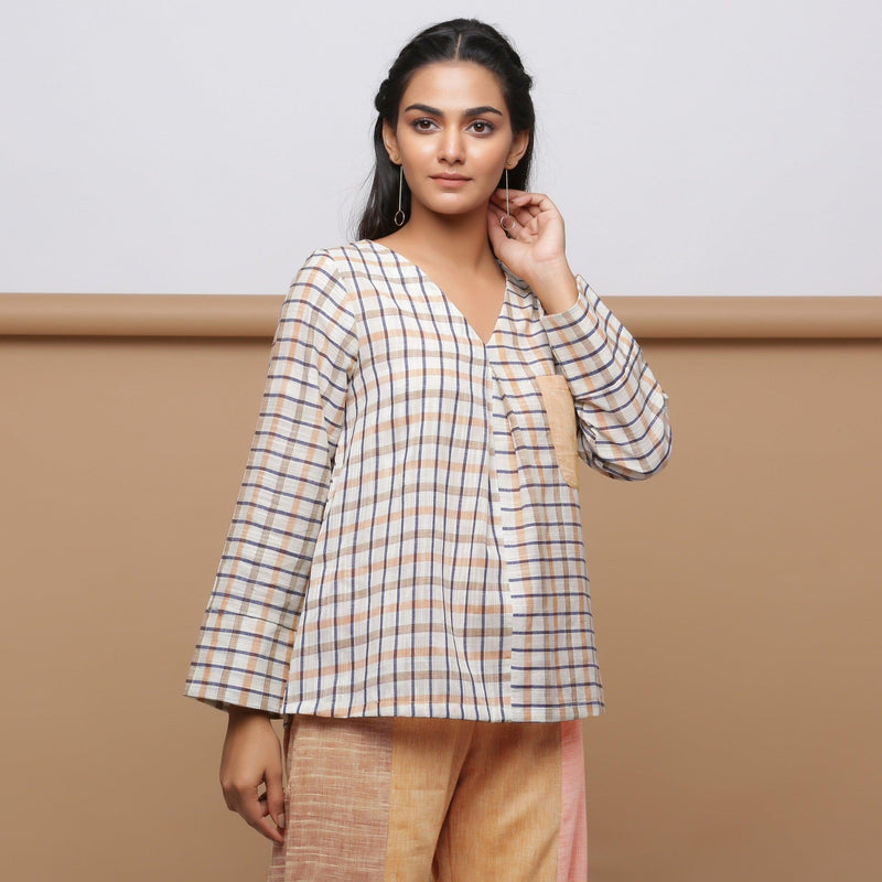 Beige Checks Yarn Dyed Cotton V-Neck Full Sleeve Tunic Top