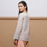 Beige Checks Yarn Dyed Cotton V-Neck Full Sleeve Tunic Top