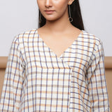 Beige Checks Yarn Dyed Cotton V-Neck Knee Length Dress