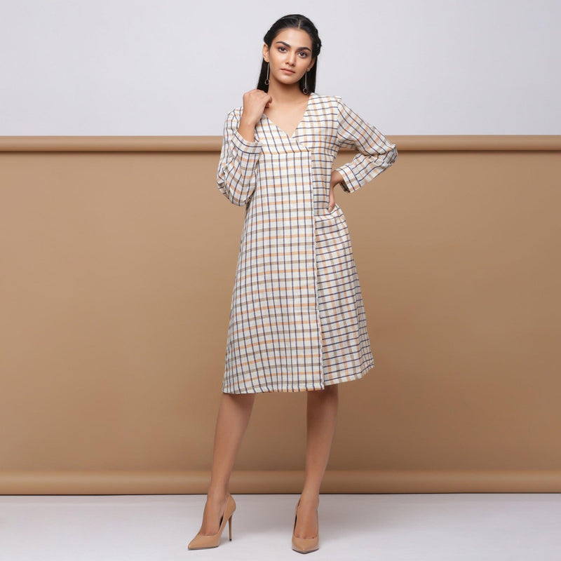 Beige Checks Yarn Dyed Cotton V-Neck Knee Length Dress