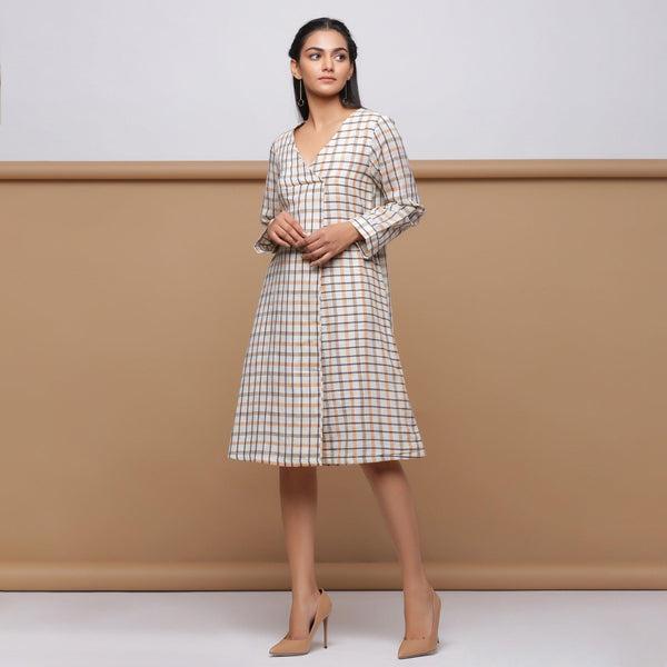 Beige Checks Yarn Dyed Cotton V-Neck Knee Length Dress