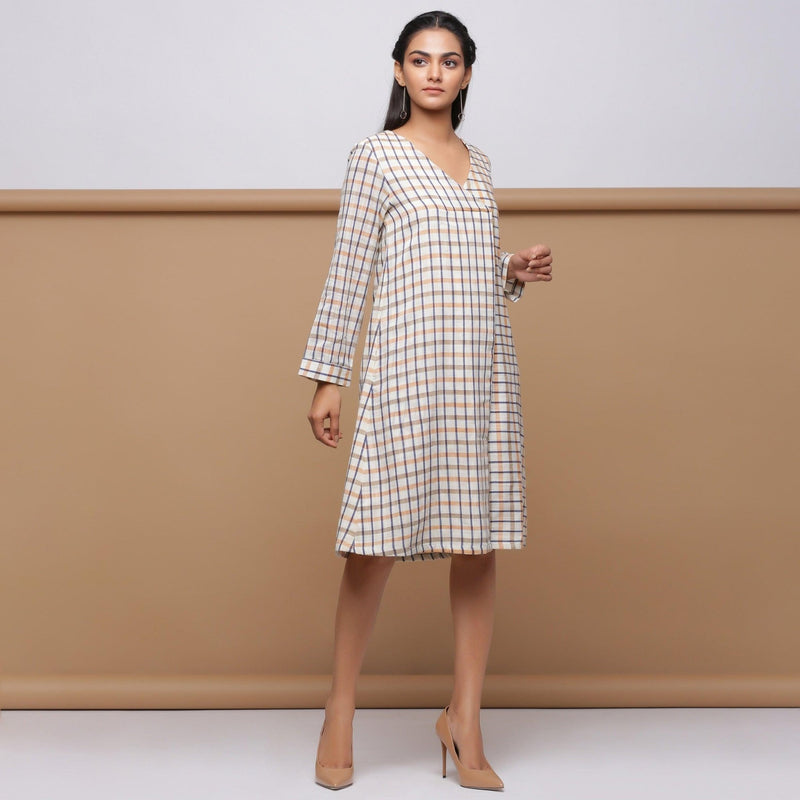 Beige Checks Yarn Dyed Cotton V-Neck Knee Length Dress