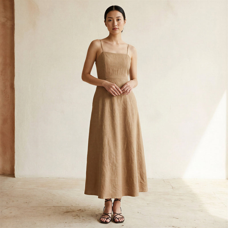 beige sun dress Cotton Ankle Length Flared Sundress Size-US:14 comfortable room throughout midsection gifts_for_him It's that time of