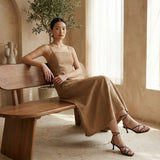 Beige Cotton Ankle Length Flared Sundress