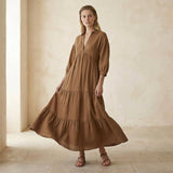 Beige Cotton Deep-V Maxi Tier Dress