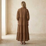 Beige Cotton Deep-V Maxi Tier Dress