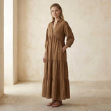 Beige Cotton Deep-V Maxi Tier Dress