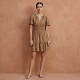 Beige Cotton Elasticated Short Tier Dress