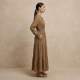 Beige Cotton Fit and Flare Maxi Tier Dress