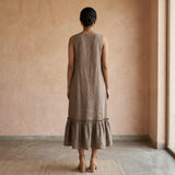 Beige Cotton Flax A-Line Deep Neck Sleeveless Maxi Tier Dress