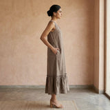 Beige Cotton Flax A-Line Deep Neck Sleeveless Maxi Tier Dress