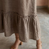 Beige Cotton Flax A-Line Deep Neck Sleeveless Maxi Tier Dress