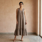 Beige Cotton Flax A-Line Deep Neck Sleeveless Maxi Tier Dress