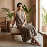 Beige Cotton Flax A-Line Deep Neck Sleeveless Maxi Tier Dress