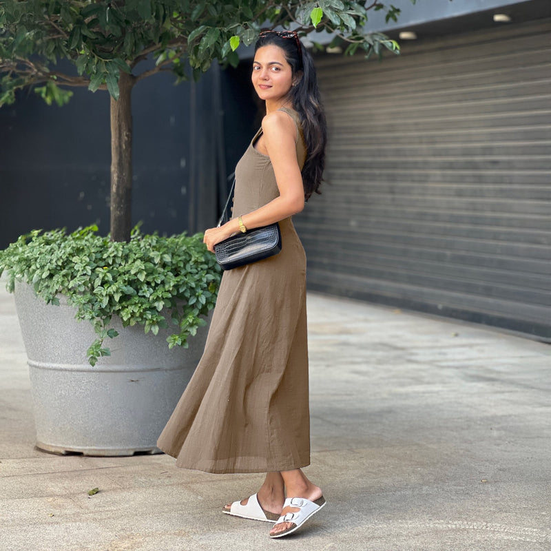 Beige Cotton Flax A-Line Front Slit Maxi Dress