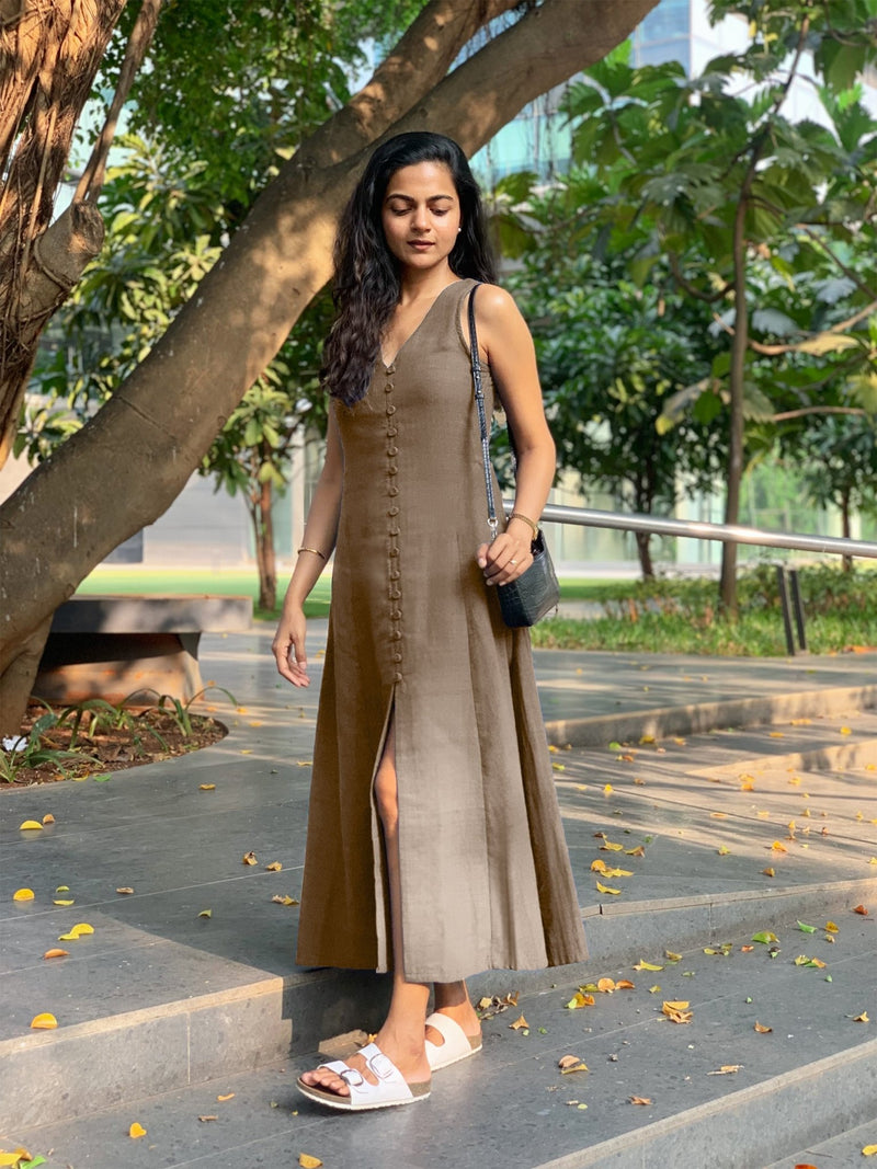 Beige Cotton Flax A-Line Front Slit Maxi Dress Custom Size (Free) / Custom Height (Free) Beige Cotton Flax A-Line Front Slit Maxi Dress Custom Size (Free) / Custom Height (Free)