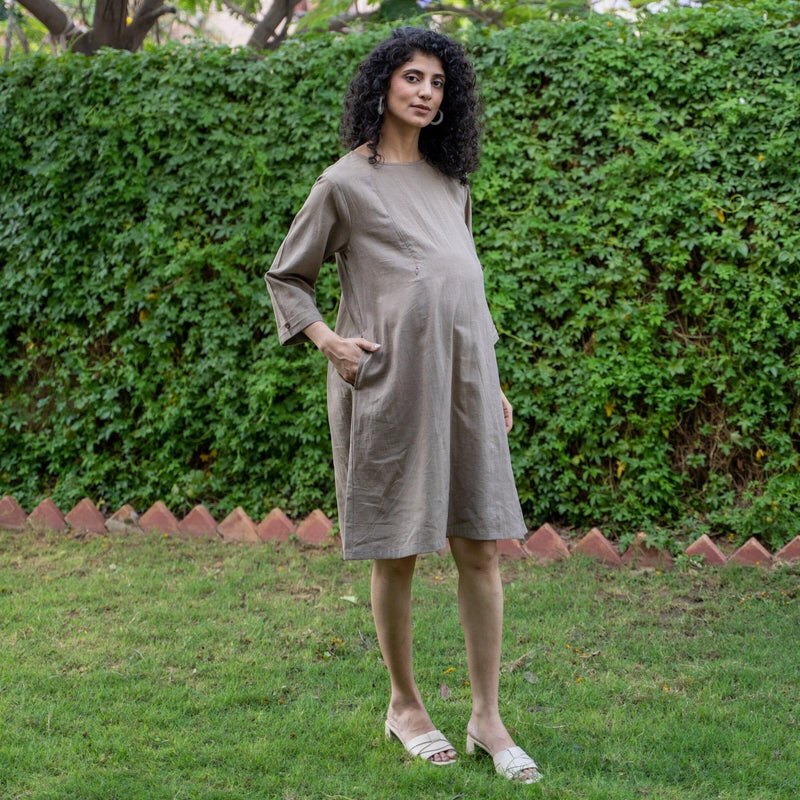 Beige Cotton Flax A-Line Knee Length Pre and Post Maternity Dress 26" / Custom Height (Free) Beige Cotton Flax A-Line Knee Length Pre and Post Maternity Dress 26" / Custom Height (Free)