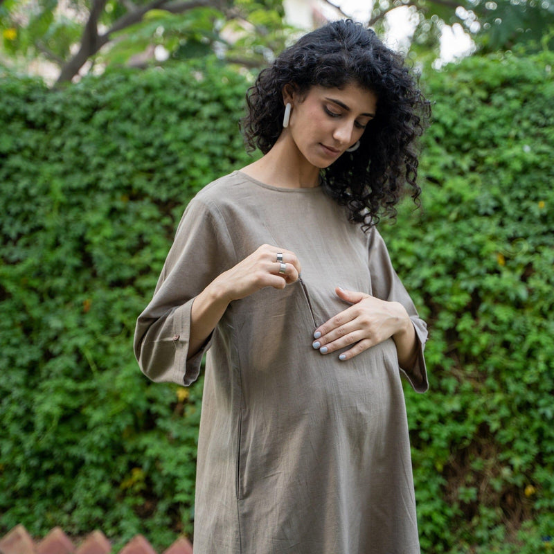 Beige Cotton Flax A-Line Knee Length Pre and Post Maternity Dress 66" / Regular (5'2" - 5'6") Beige Cotton Flax A-Line Knee Length Pre and Post Maternity Dress 66" / Regular (5'2" - 5'6")