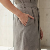 Beige Cotton Flax A-Line Short Dress with Belt