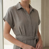 Beige Cotton Flax A-Line Short Dress with Belt
