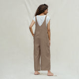 Beige Cotton Flax Ankle Length Dungaree Jumpsuit